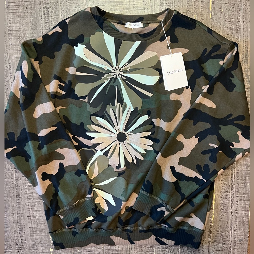Valentino Green Camouflage Long Sleeve Tee with Daisy Graphic